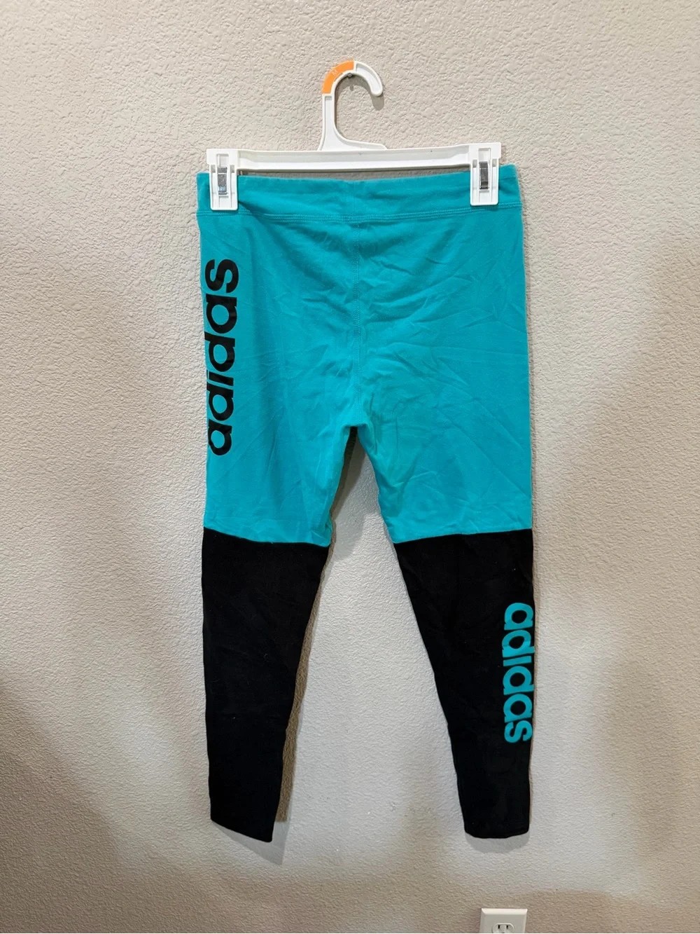 Adidas Girls Leggings XL 16 Teal Black Logo Athletic Activewear Pants Cotton